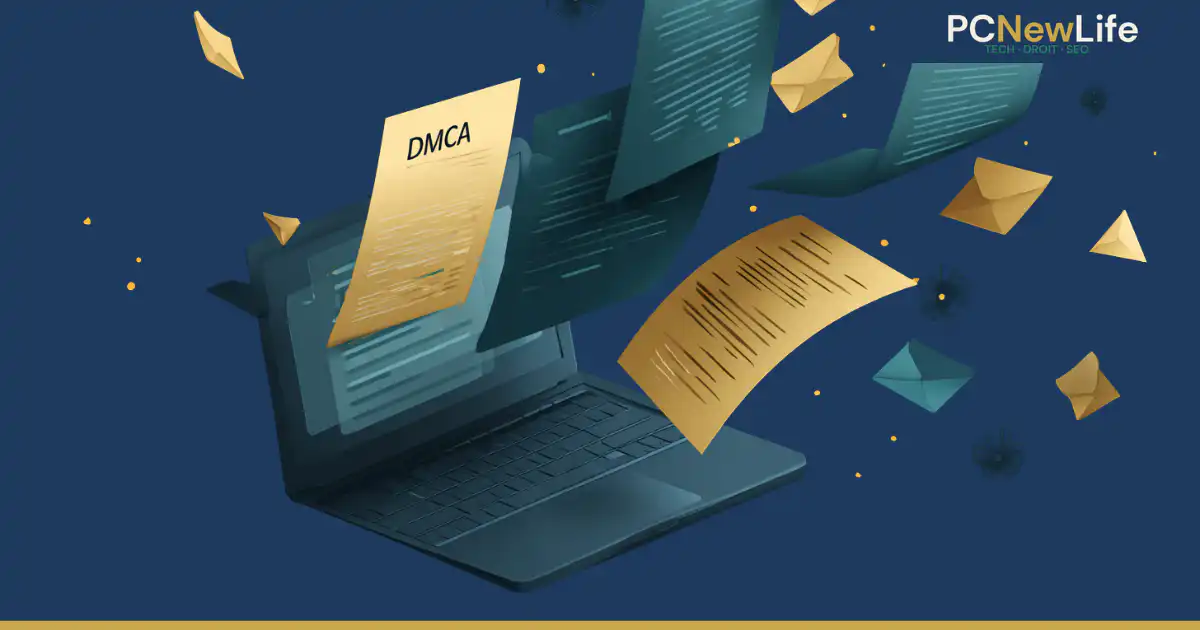 Illustration d'une notification DMCA sortant d'un ordinateur portable, entourée de documents et d'enveloppes numériques sur fond marine