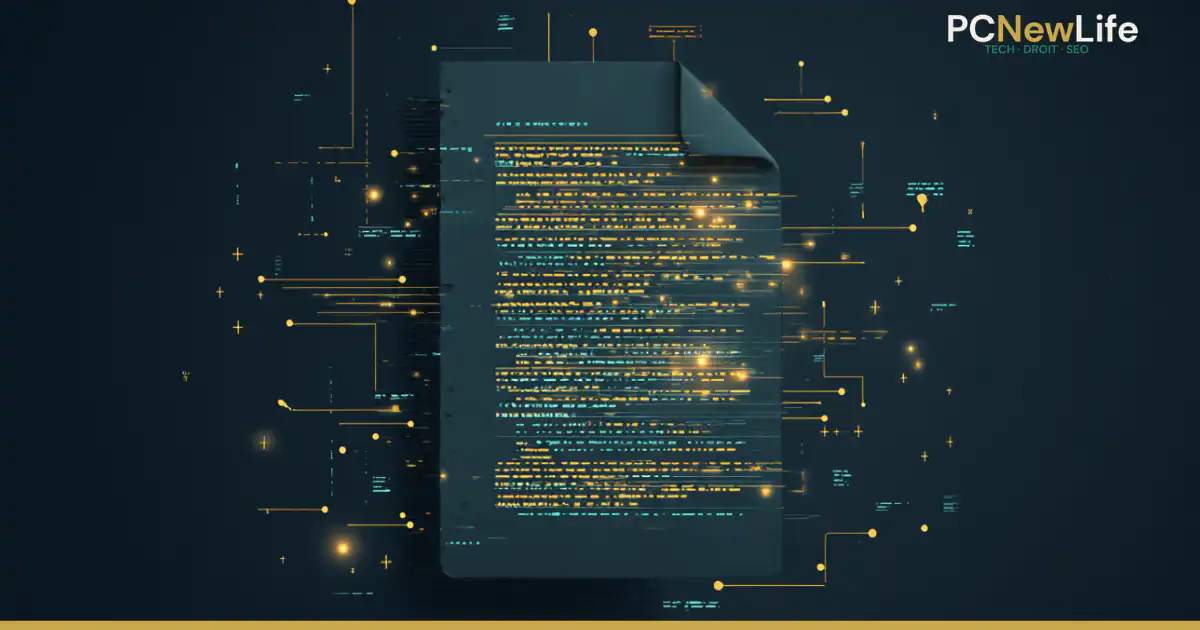Illustration d'un document numérique avec coin replié révélant du code caché, entouré de circuits électroniques et de points lumineux dorés sur fond marine